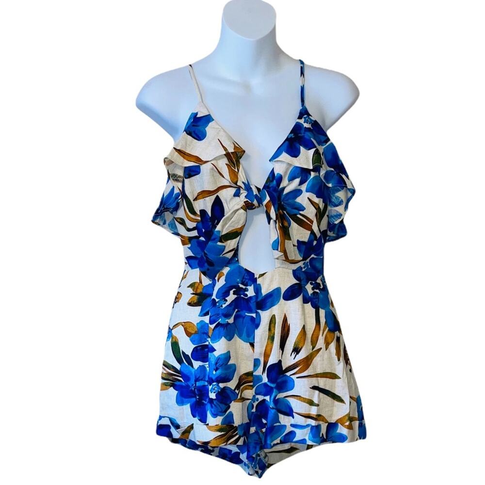 Solemio blue floral key hole tie front romper